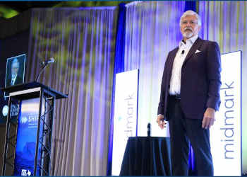 Digital video podium displaying logo